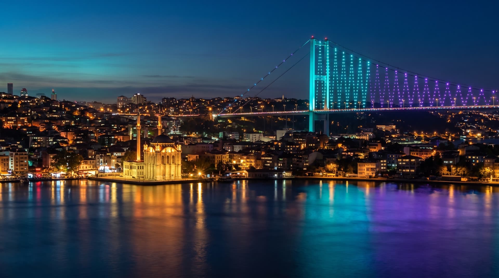 Istanbul bei Nacht: die beleuchtete Bosporus-Brücke, davor die Ortaköy-Moschee am Wasser